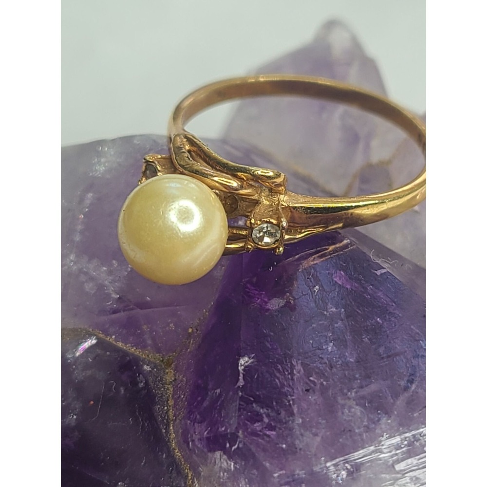 Vintage Signed Seta Gold-Plated Ring With Faux Pearl & Cz size 8